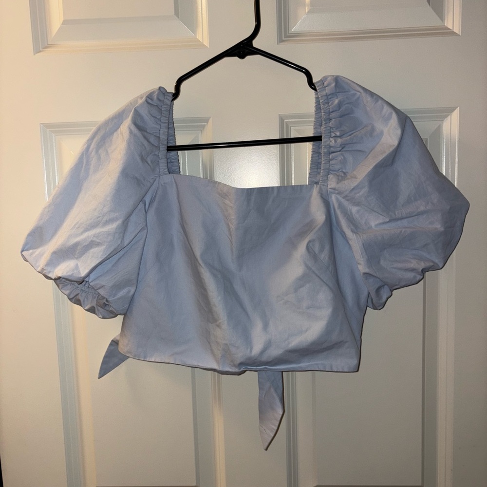 Aritzia Puff Sleeve Square Neck Crop Top - Light Blue